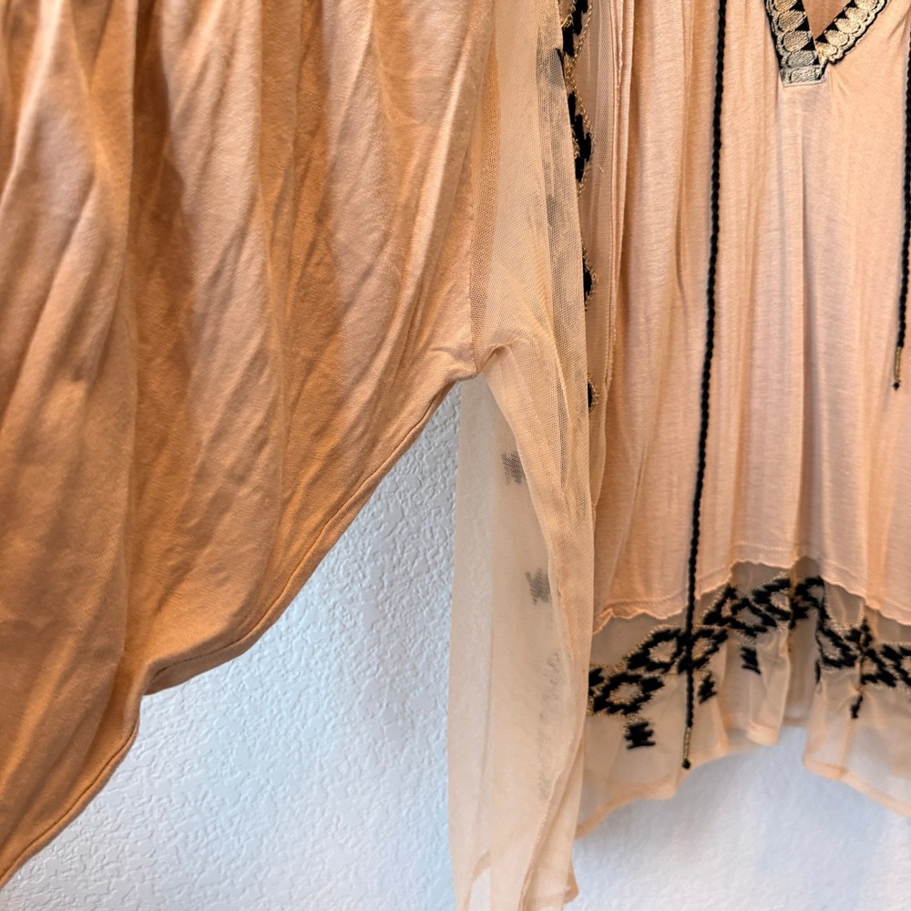 Free People Tunic Boho Embroidered Mesh Womens L Tan Black Tassel V-Neck Top - Picture 7 of 11
